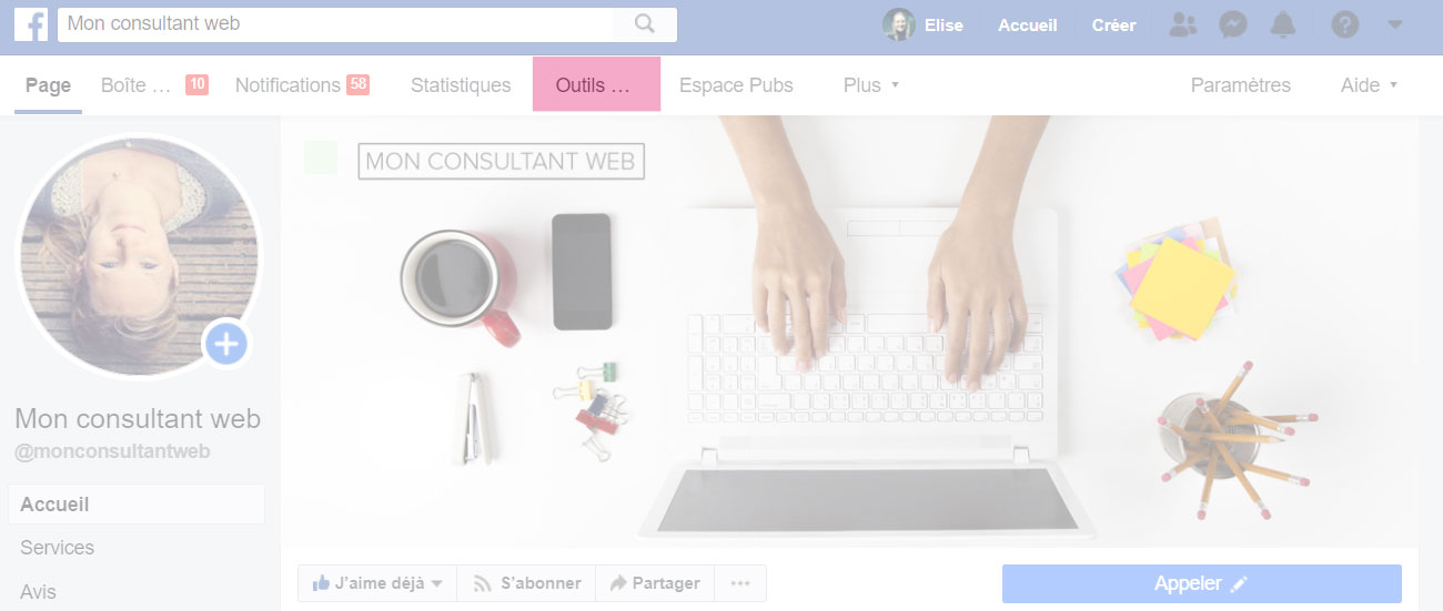 Aller sur l’interface d’administration de votre page facebook